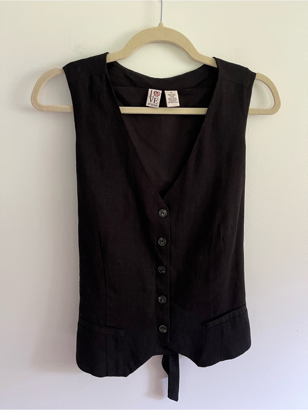 Black Linen Button-Front Sleeveless Vest Quiet Luxury Minimalist Preppy Size M - Picture 2 of 6